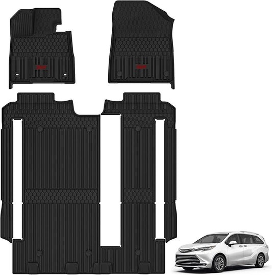 3W Floor Mats for Toyota Sienna 2021-2026 LE/XLE (Only for 8 Seat), TPE All Weather Custom Fit Floor Liner for Sienna Accessories 1st, 2nd and 3rd Row with Red Accent