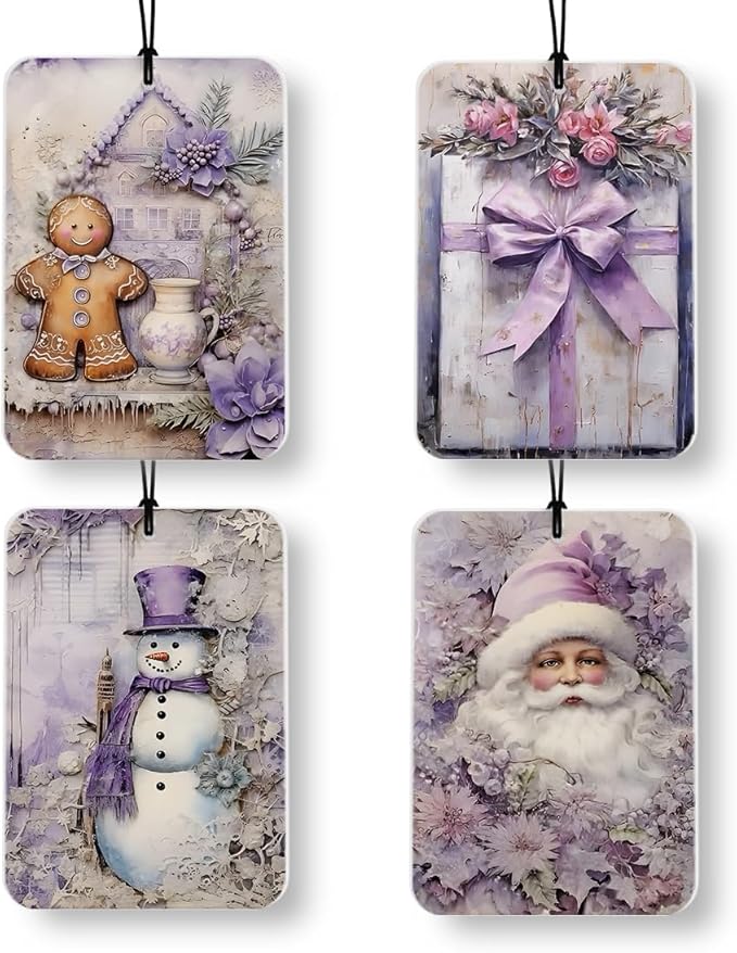 Purple Christmas Winter Car Air Freshener 4 Pcs, Winter Christmas Floral Gift Box Gingerbread Snowman Santa Claus Air Freshener Hanging Decor for Cars Closet Drawer Books Accessories Gifts