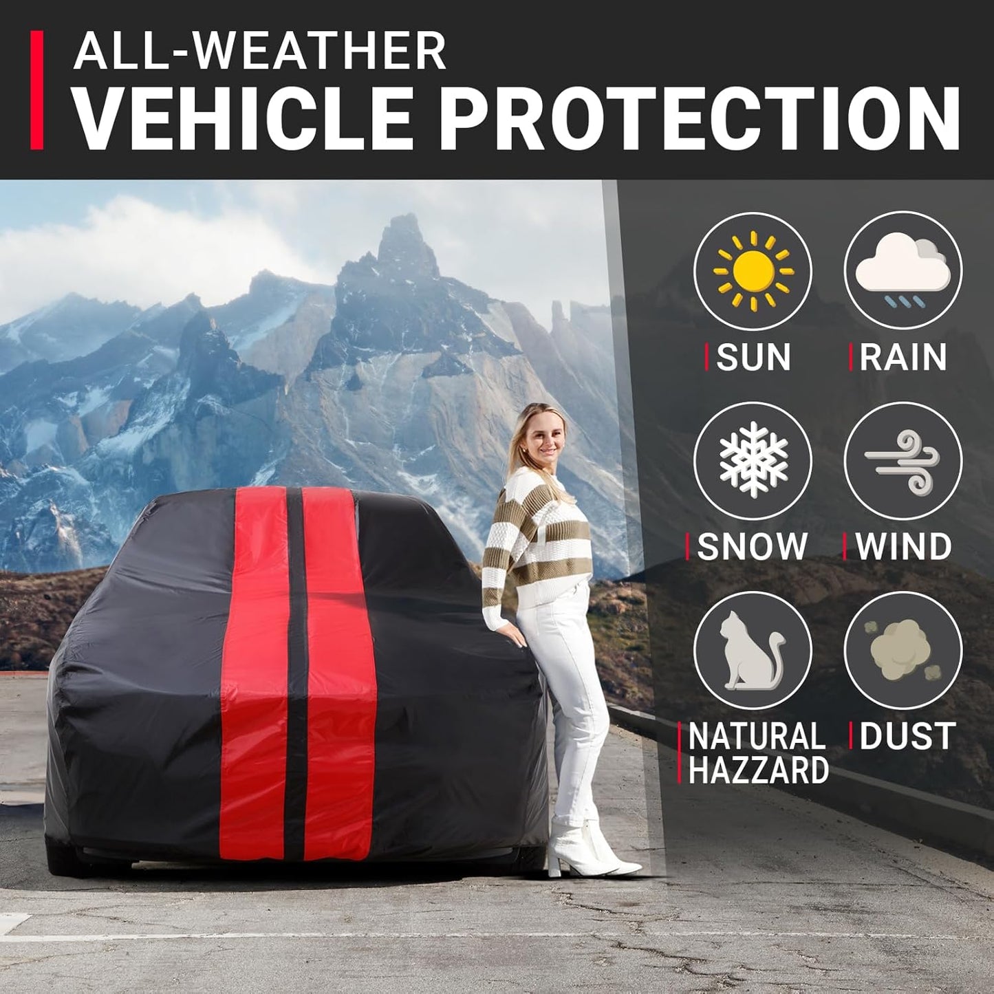 iCarCover Custom Car Cover for Chevy Bolt EV (2017-2025) Waterproof All Weather Rain Snow UV Sun Protector Full Exterior Indoor Outdoor Car Cover (Stripe - Black/Red)