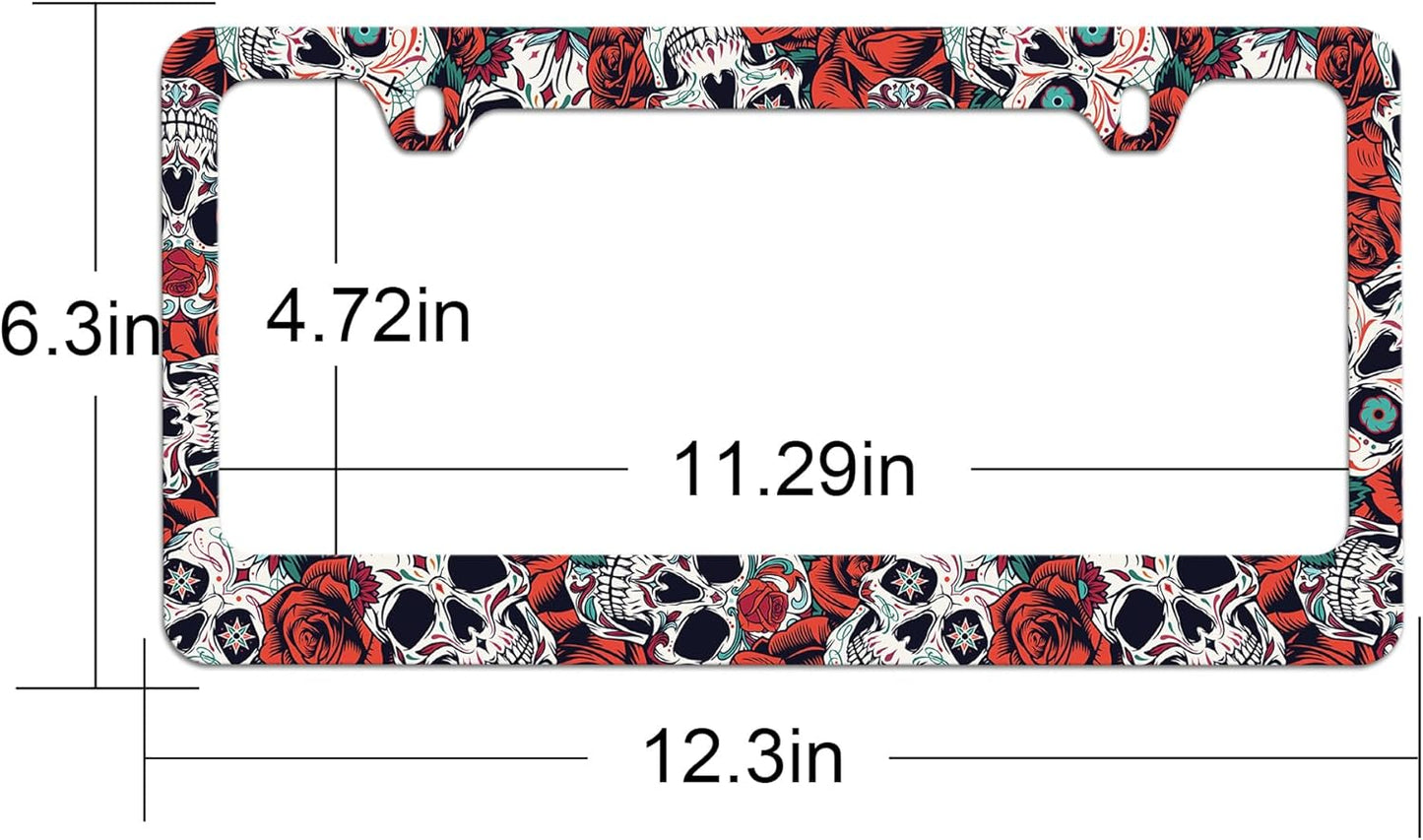 Stainless Steel Sugar Skull License Plate Frame Skull License Plate Holder Sugar Skull Car Accessories Day of The Dead Frame Witchy License Plate Frame for Women 12.3" X 6.3"
