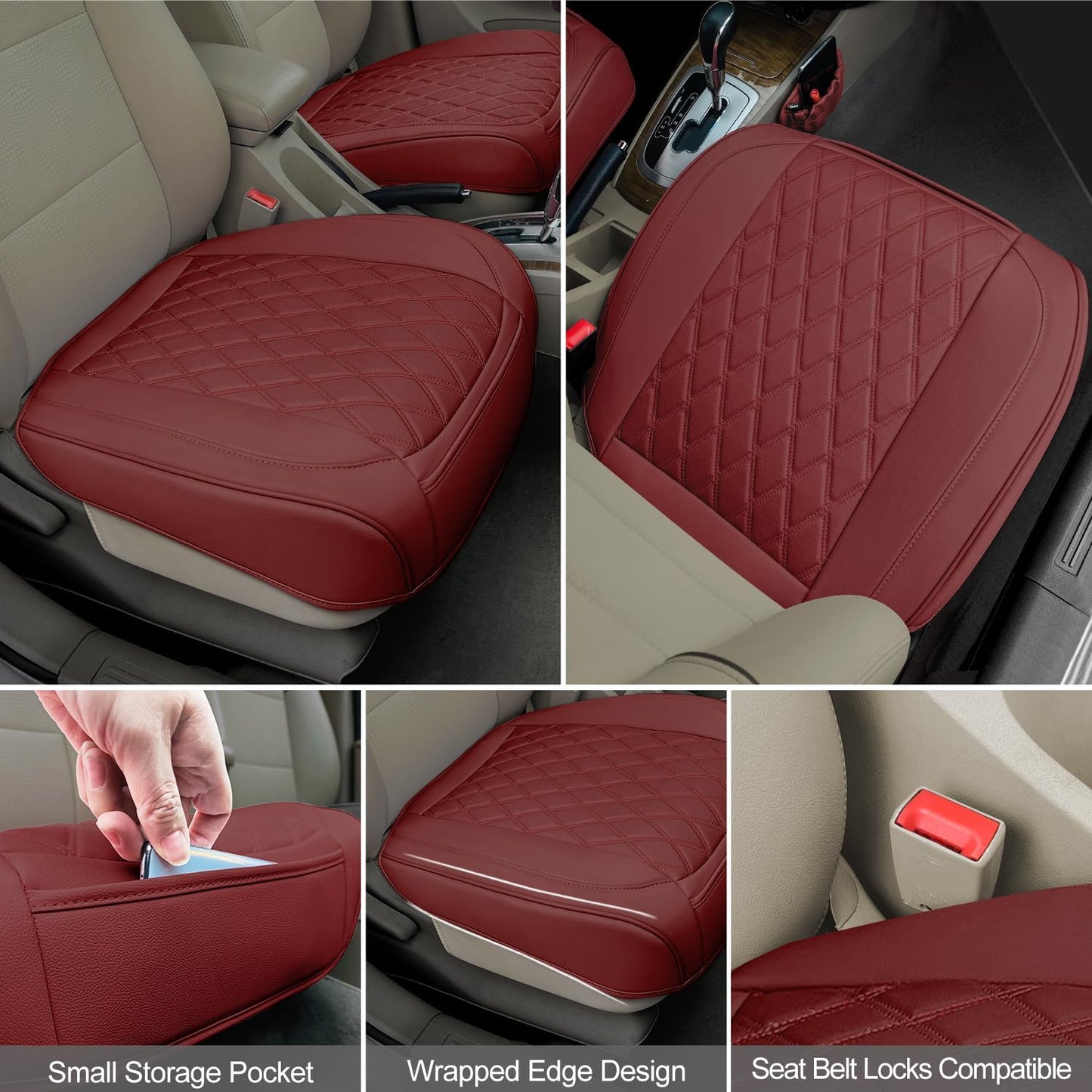 2 Pack Leather Front Car Seat Cover Bottom Car Seat, Anti-Slip and Full Wrap Driver Car Seat Protectors with Storage Pocket, Luxury Waterproof Bottom Auto Seat Cushion Pad Mat for Most Vehicles(Red)