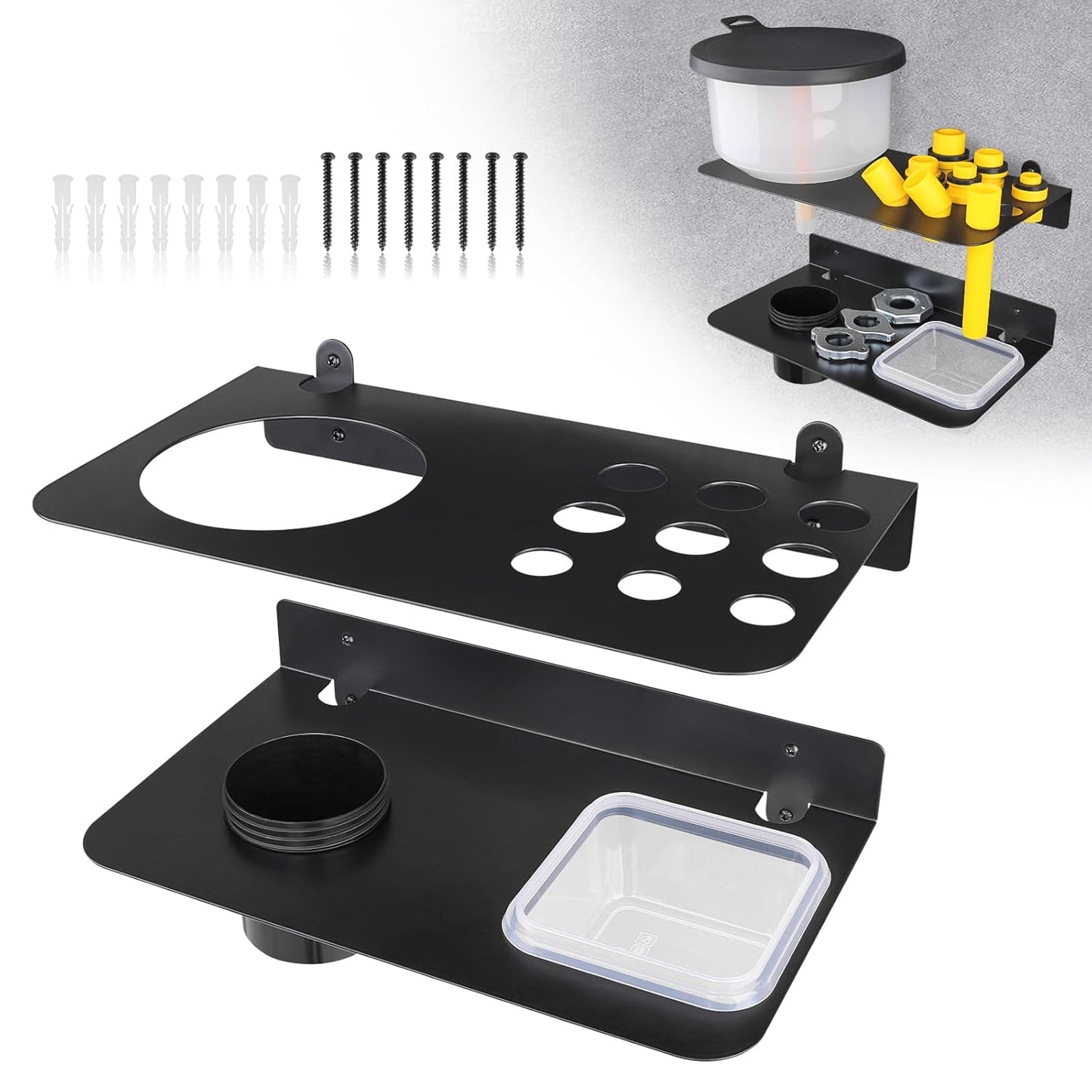 Coolant Funnel Kit Holder Storage Rack Includes 2 Plastic Removable Drip Cups, Wall Mount Fluid Drain Funnel Kit Organizer Bracket for Enclosed Race Trailers, Automotive Garage Shop, Black