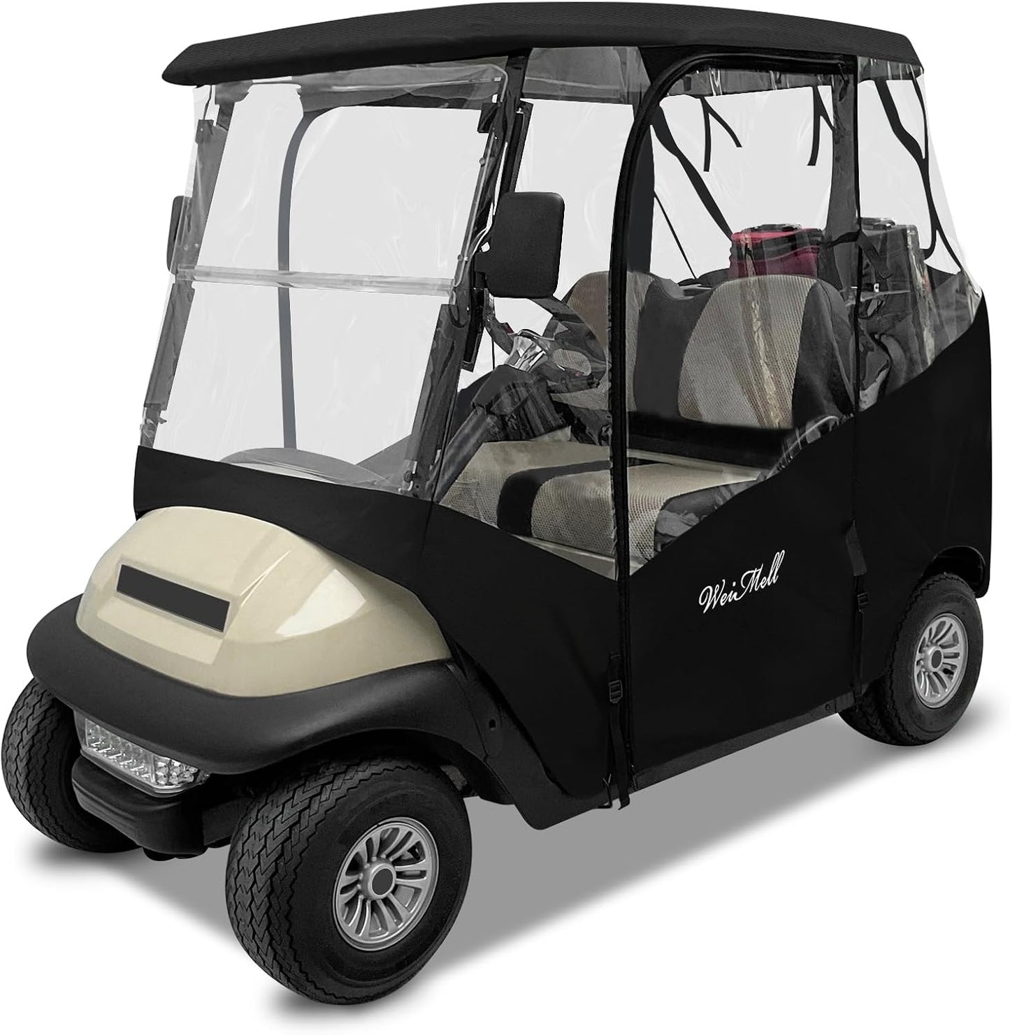 Golf Cart Enclosure 2 Passenger for Club Car Precedent Tempo Onward 2-Seater Waterproof Transparent Driving Rain Enclosure Cover with 4-Sided Clear Windows Mirror Zipper Roll-Up Door Black
