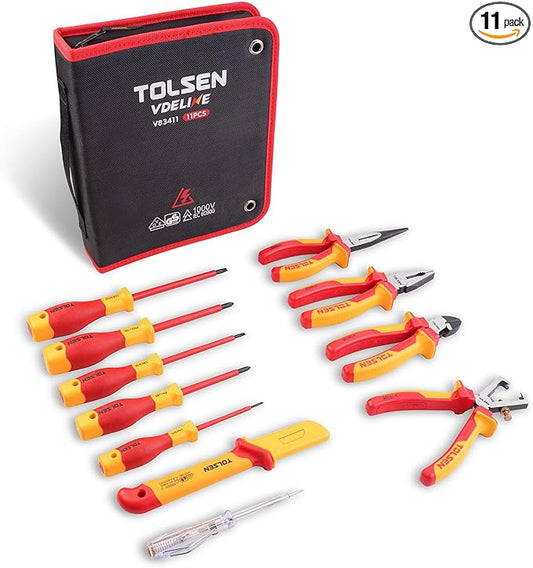 TOLSEN Insulated Screwdriver & Pliers Set: 11-Piece VDE Insulated Set, 1000V Insulated Electrician Tool Set with Insulated Phillips and Slotted Screwdrivers, Insulated Pliers and Cable Knife