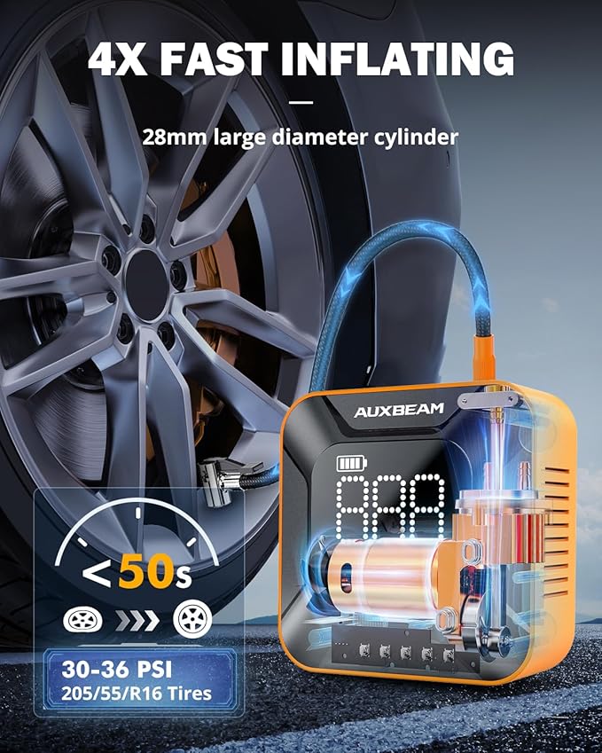 Auxbeam Tire Inflator Portable Air Compressor, Compact Car Air Pump with Digital Tire Pressure Gauge, Max 150PSI Cordless Tire Inflator for Car, Motorcycle, Bike, Ball（Ultra-HD Screen）