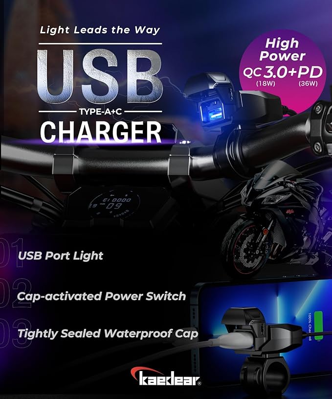 KAEDEAR Motorcycle USB Charger, Waterproof, Smartphone Charger, Dual USB Port, SAE DC 12V Fuse, Power Switch, Type A + Type C, Ultra-Fast Charging 5V/9V/12V, KDR-M3-AC