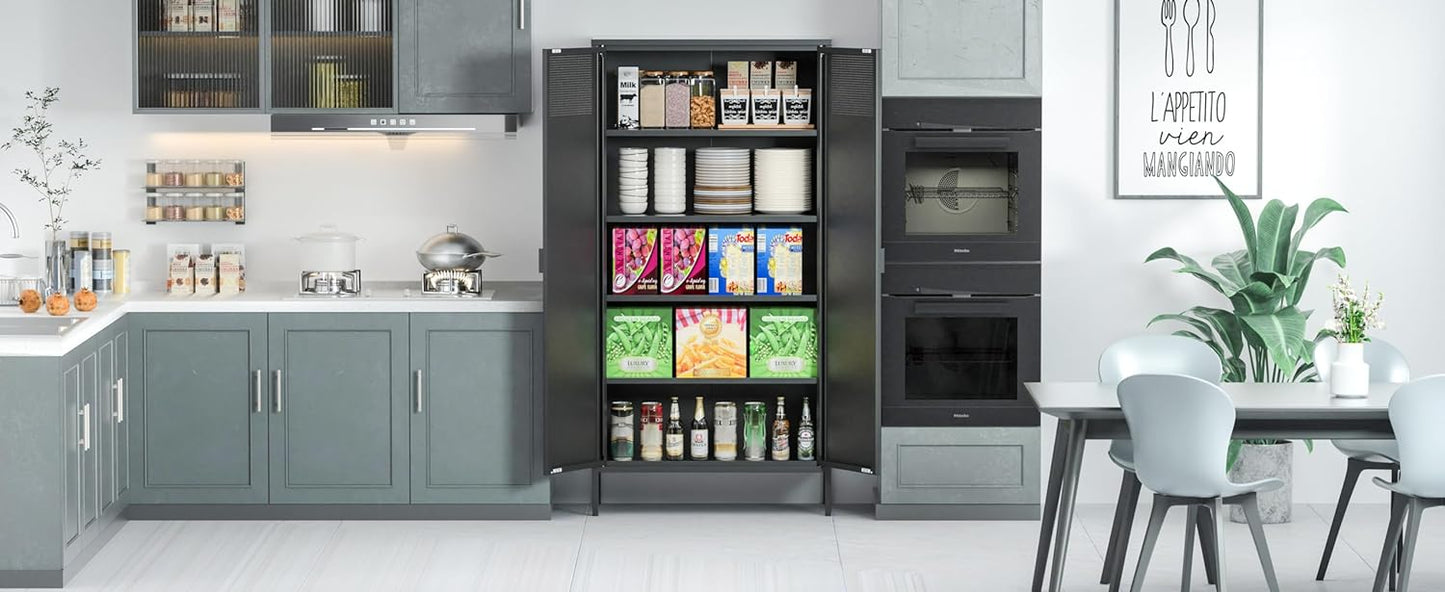 Metal Storage Cabinets with 4 Adjustable Shelves，Black Metal File Cabinet, 71'' Steel Storage for Home & Office, School,Kitchen Pantry,Tool Cabinet，Garage, Black