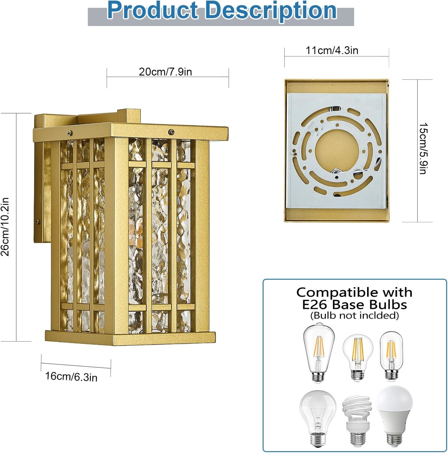 Outdoor Wall Light E26 Base Metal Frame - Gold Exterior Waterproof Lanterns with Clear Glass, Porch Wall Mount Lighting for Garage, Patio(Bulb not Included)