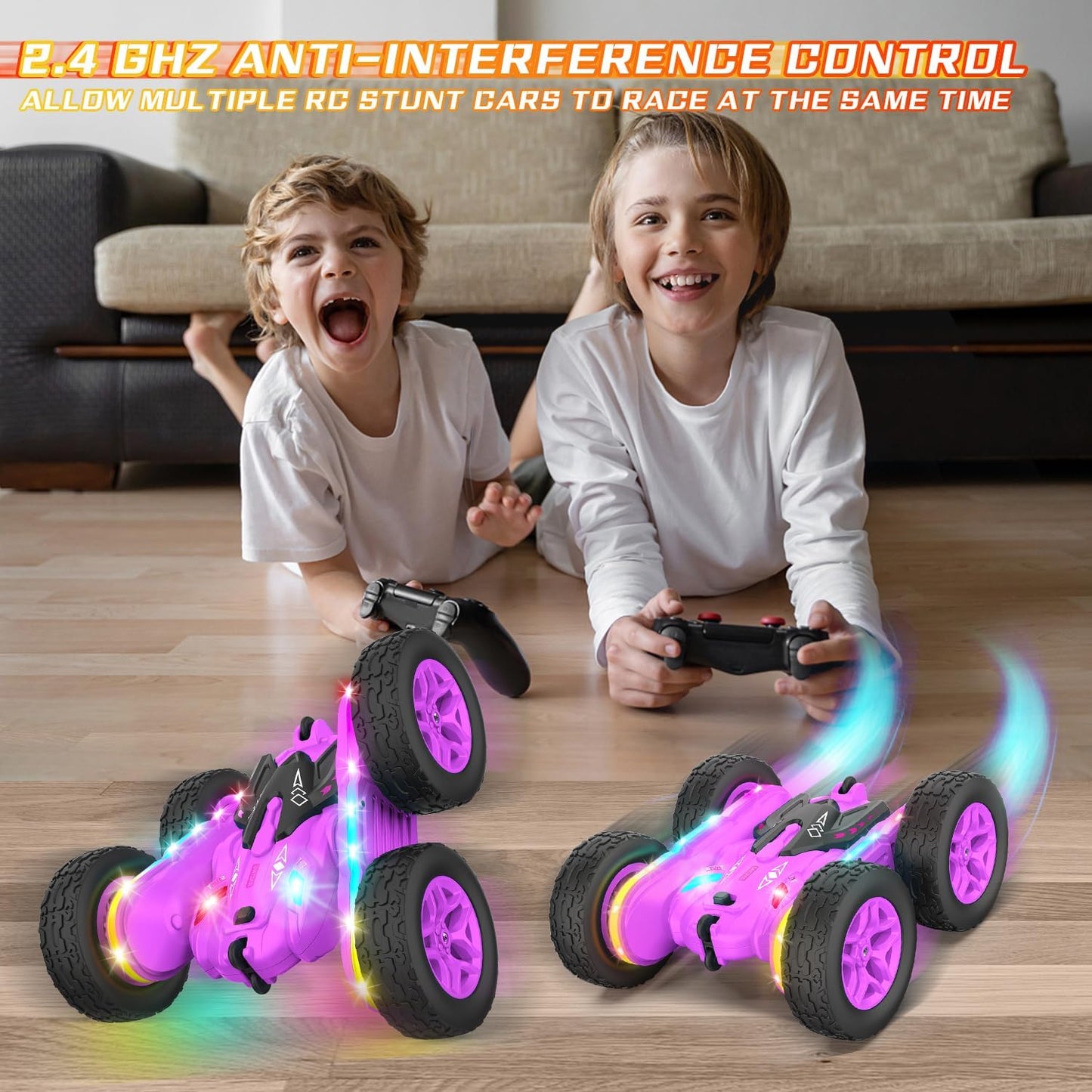 Remote Control Car, Rc Cars Stunt RC Car Toys New Upgraded Strip Lights and Headlights Girl Toys Double-Sided 360° Rotating 4WD Drift Truck for Boys Girls Birthday Gift (Purple)