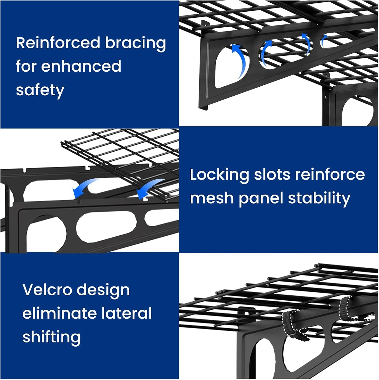 FLEXIMOUNTS 2-Pack 2x4ft Garage Shelving with Hooks, 24-inch-by-48-inch Wall Shelf Garage Storage Racks Floating Shelves, Black