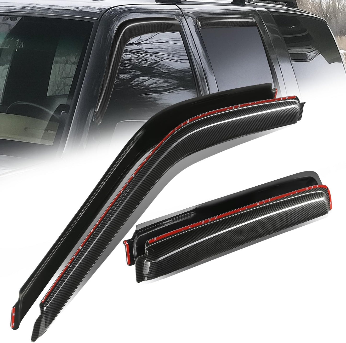 Auto Dynasty 4Pcs Carbon Fiber Pattern Window Visors Compatible with 1992-2000 Chevy Tahoe GMC Yukon 4-Dr Suburban C/K Series Crew Cab, Tape-On Front & Rear Window Deflectors Rain Guards, Glossy Black