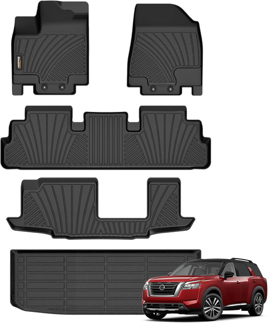 Binmotor-All Weather Floor Mats Cargo Liner Set for for Nissan Pathfinder 2022 2023 2024 2025, 8 Passenger, 3 Rows with Cargo Trunk Mat, Car Mats for Nissan Pathfinder Accessories