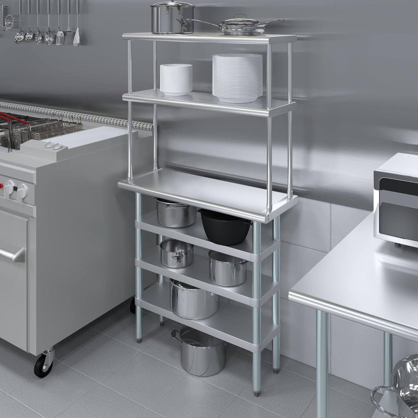 Amgood 14" x 36" Stainless Steel Work Table with 3 Shelves and 12" Wide Double Tier Overshelf | Metal Kitchen Prep Table & Shelving Combo | NSF