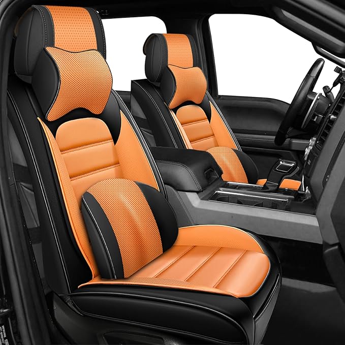 Full Set Car Seat Covers for GMC Sierra 1500/2500/3500 Denali SLT AT4 AT4X Base Seat Covers 2008-2025, Waterproof Premium Nappa Leather Seat Protectors(Luxury 5 Seats/Black&Orange)