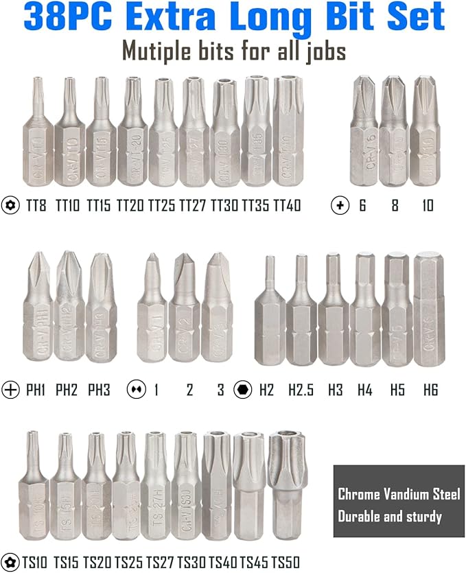 ROTATION 38-Piece 1/4 Bit driver Screwdriver Bit Set with portable case, Chrome Vanadium Steel Multi Torq/Phillips/Torx/Triwing/Hex/Star Bit