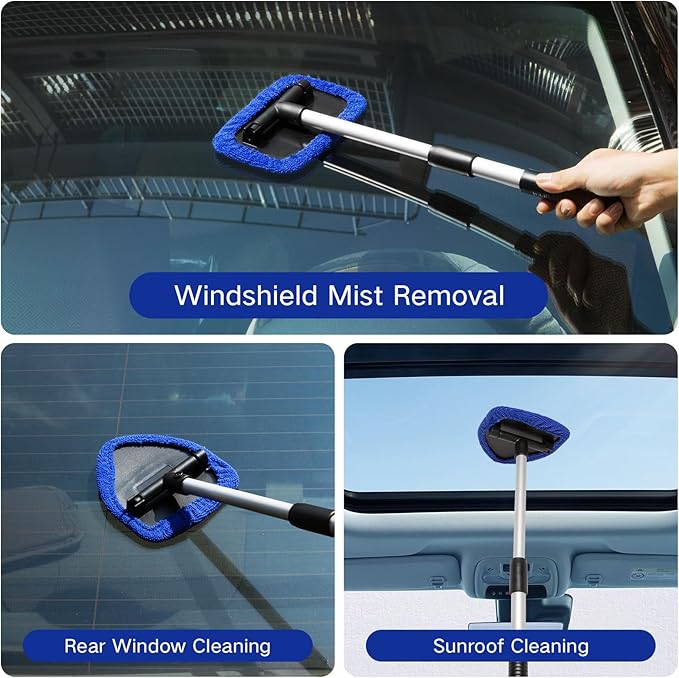 10pcs Windshield Cleaning Tool Inside Car Window Cleaner Wash Kit with 4 Reusable Microfiber Pads 1 Spray Bottle and Extendable Handle Interior Auto Glass Wiper Kit, Blue&Gray