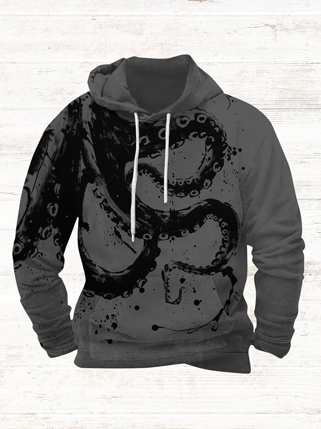 Mens Animal Print Graphic Hoodies Casual Long Sleeve Japanese Art Style Hooded Sweatshirt Lightweight Pullover Tops