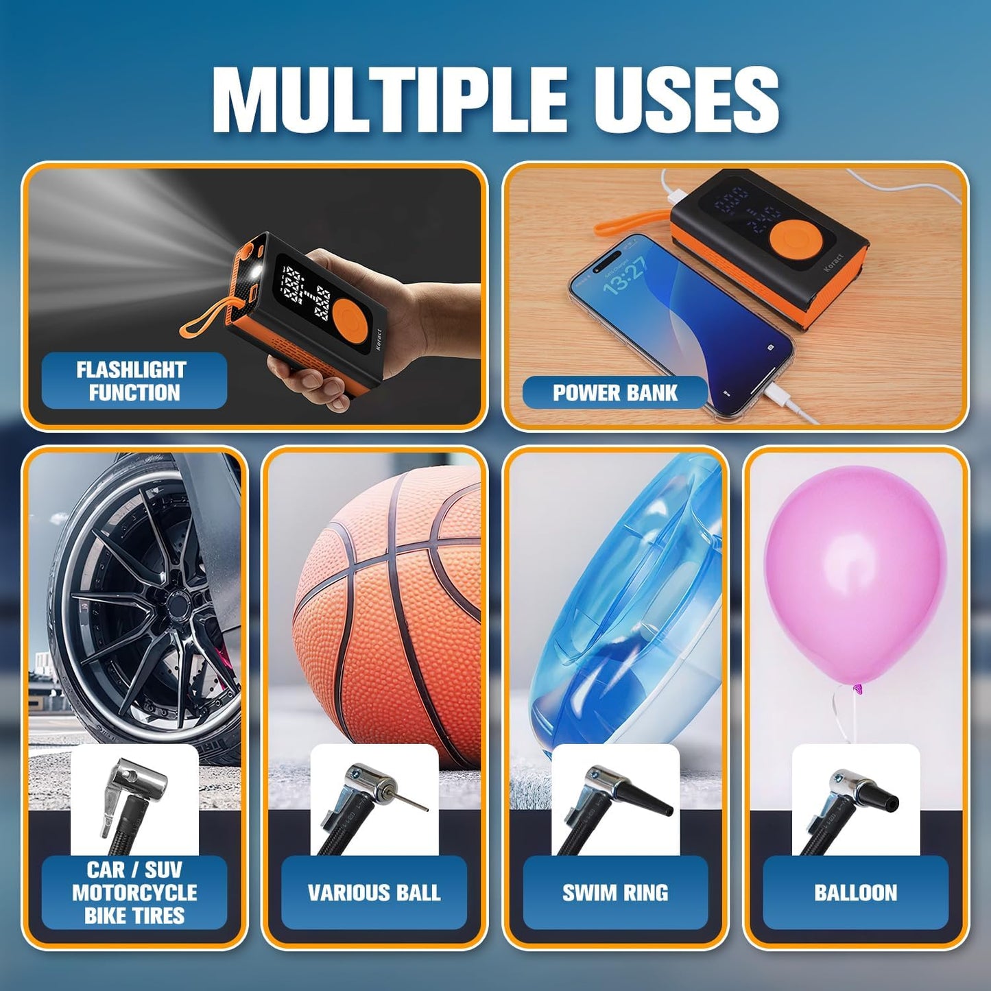 Tire Inflator Portable Air Compressor for Car Tires - 150PSI Cordless Air Pump with Pressure Gauge, LED Light & Auto Shutoff - Fast Pump for Motorcycle, Bike, Balls, Sports Equipment