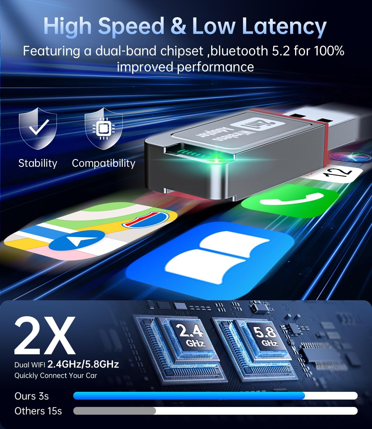 Wireless Carplay Adapter, 2025 Upgrade Mini USB Design for Car Play & Android Auto, Easy Use Fast Stable Connection for iPhone