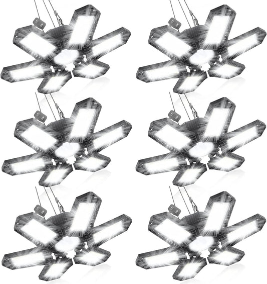 SEOBIOG LED Garage Lights - 6 Pack, 200W 20000LM Plug-in Shop Light with 6+1 Deformable Panels for Garage, Warehouse, Barn, Basement (Built-in ON/Off Switch)