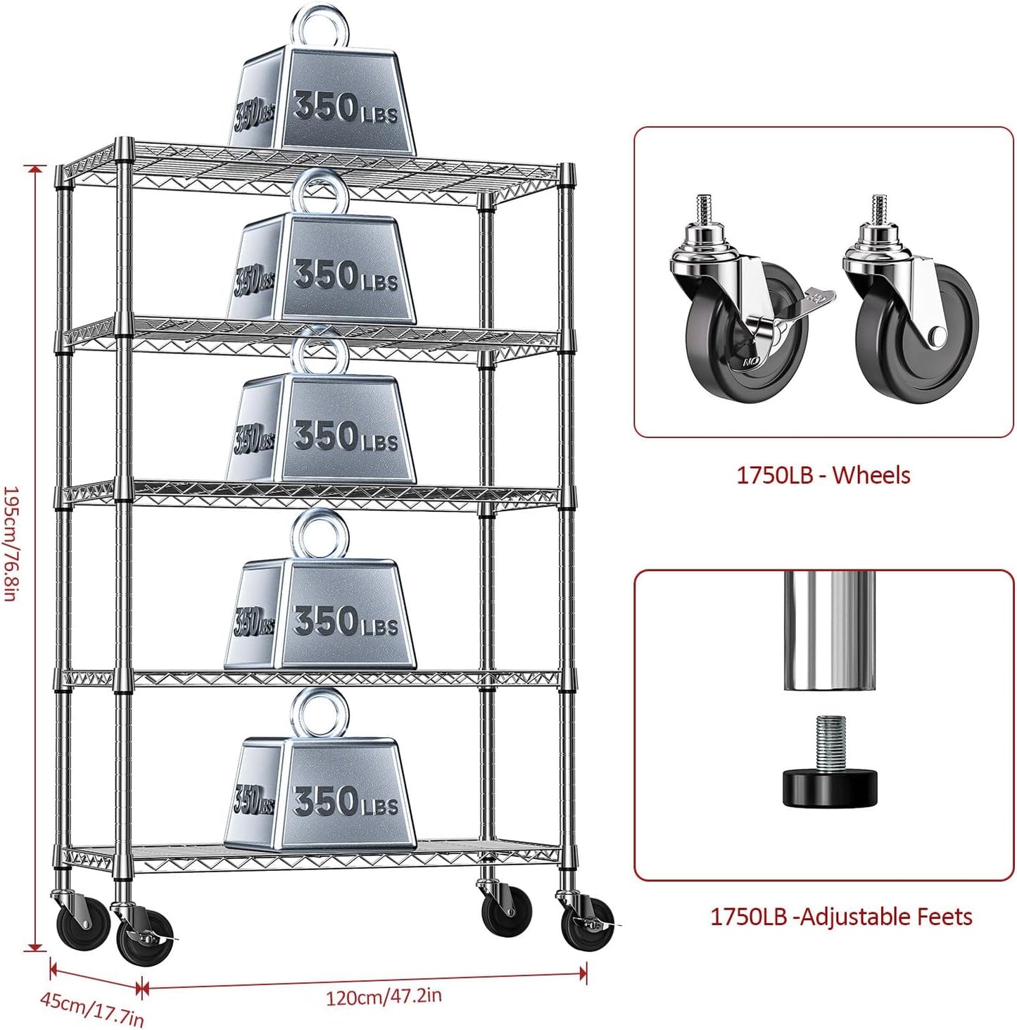 IZEUK 5-Tier Storage Shelving Unit with Wheels, Adjustable Heavy Duty Steel Wire Rack Organizer (Chrome, 17.7" D x 47.2" W x 76.7" H, 1750 lbs Capacity) for Garage, Kitchen, Pantry, Laundry, Basement
