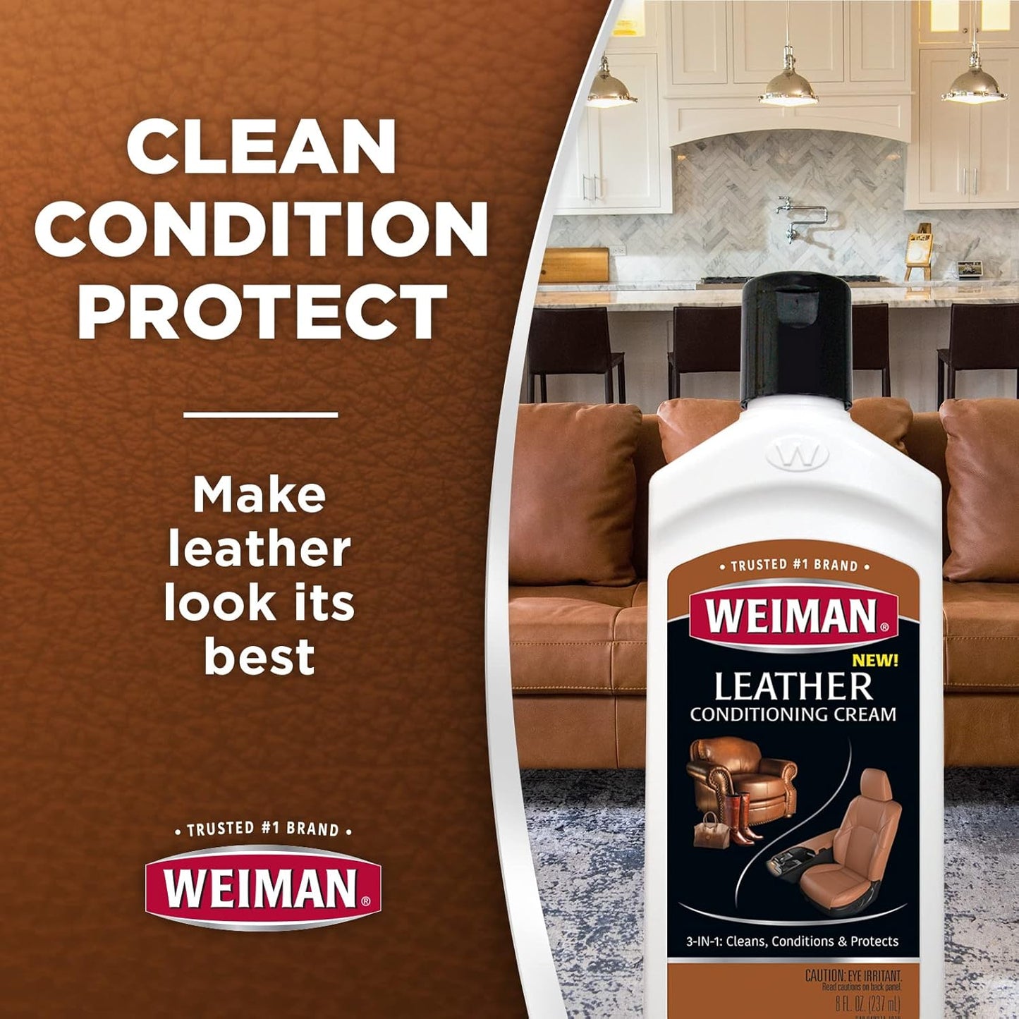 Weiman 3 in 1 Deep Leather Conditioner Cream (Microfiber Cloth) - Restores Leather Surfaces - Use on Leather Furniture, Car Seats, Shoes, Bags, Jackets, Saddles