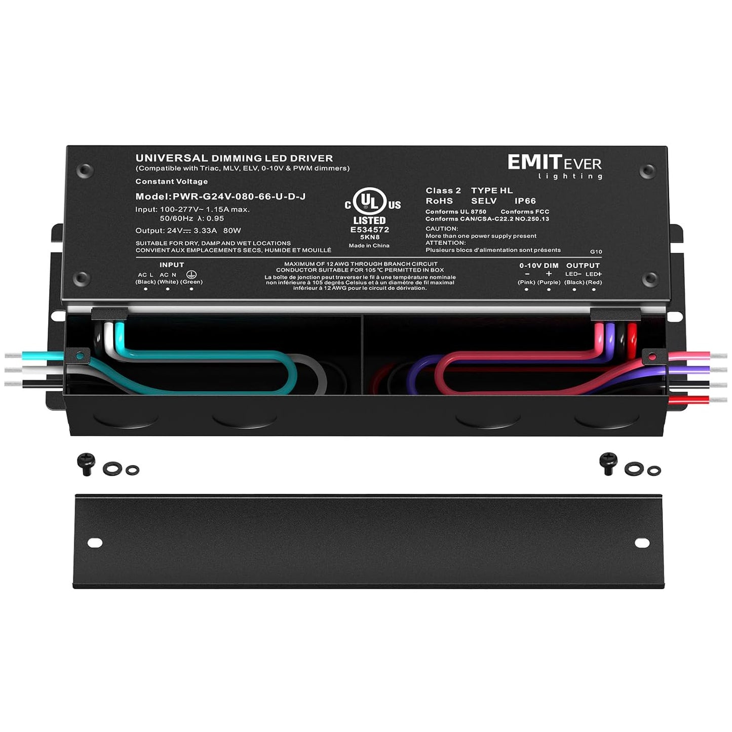 EMITEVER Dimmable Led Driver, 80W AC 110V-277V to DC 24V Transformer, 5-in-1 Dimming: ELV/MLV/TRIAC / 0-10V / 1-10V / 10V PWM/Potentiometer,Class 2,Waterproof IP67 and UL Listed，Class 2
