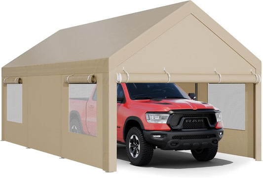 JY QAQA Carport, 12x20 FT Heavy Duty Carport Reinforced Steel Poles with Removable Sidewalls & Doors,Roll-up Windows Car Canopy with Sandbags and All-Season Tarp for Car Boat Truck Motorcycle,Khaki