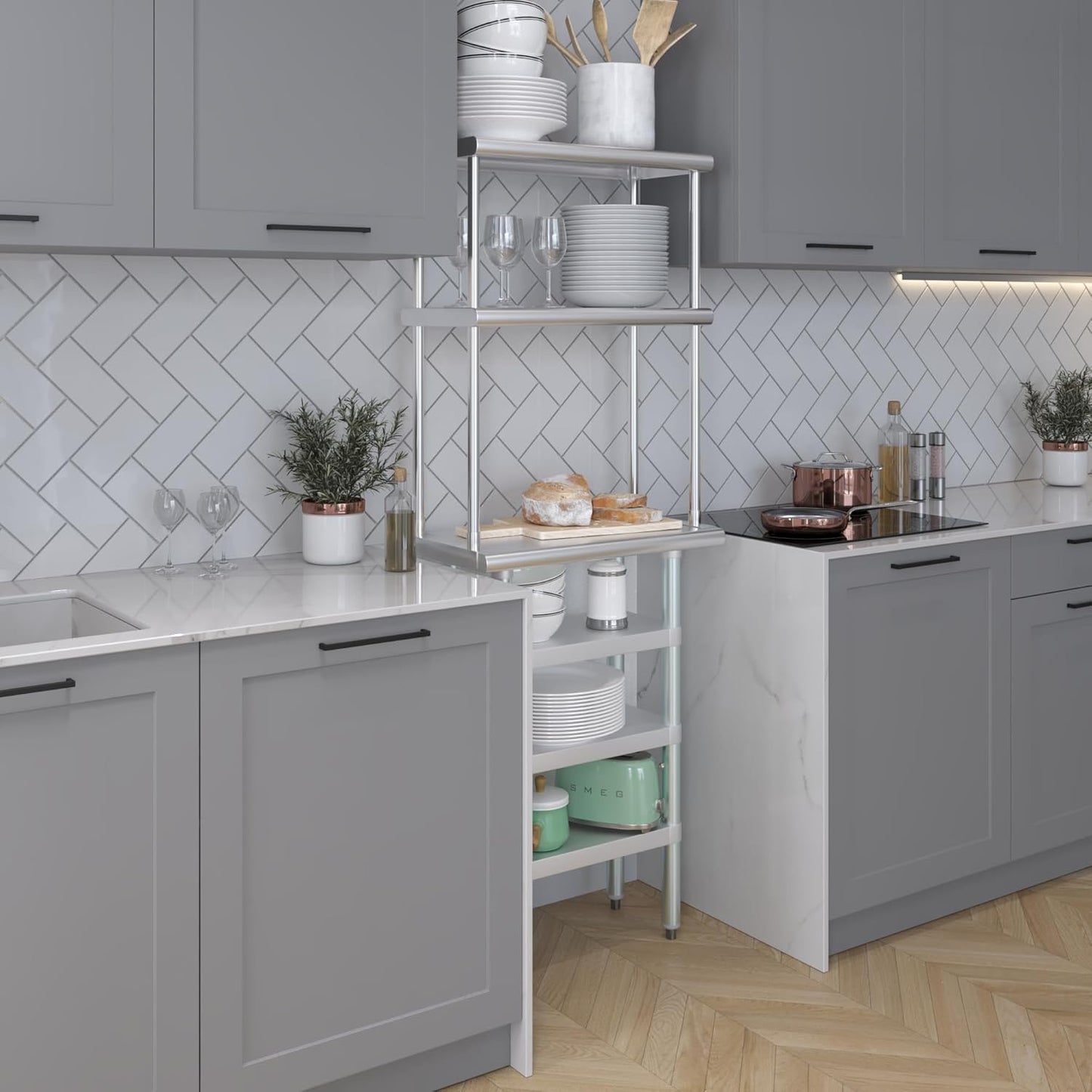 Amgood 14" x 24" Stainless Steel Work Table with 3 Shelves and 12" Wide Double Tier Overshelf | Metal Kitchen Prep Table & Shelving Combo | NSF