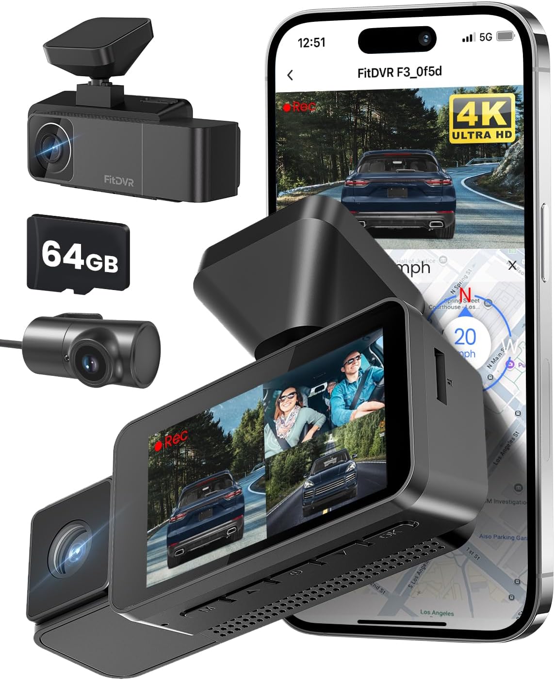 4K 3 Channel Dash Cam, 2160P+1080P+1080P Front and Rear Inside Car Camera with 64GB Card, WiFi Built-in GPS, 3“ IPS Screen, IR Night Vision, G Sensor, WDR, 24/7 Parking Mode(F3)