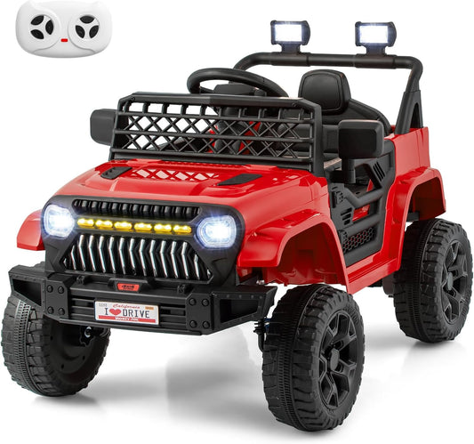 Costzon Kids Ride On Truck, 12V Battery Powered Electric Vehicles w/Remote Control, Spring Suspensions, 3 Speeds, Music, Lights, Wireless Connection, Ride on Car for Boys & Girls 3+ (Red)