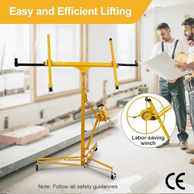 16FT Drywall Lift Sheetrock Lift, 150LBS Capacity, Drywall Lift Panel Hoist with Telescopic Arm, Drywall Jack Lift with 3 Lockable Wheels for Home Improvement, 4'x16' Panel Size, Yellow