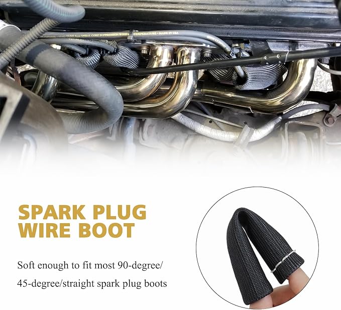8Pcs 2500° Degree Spark Plug Wire Boots Heat Shield Protector Sleeve Cover Compatible with SBC BBC 350 454,6 Inch, Black