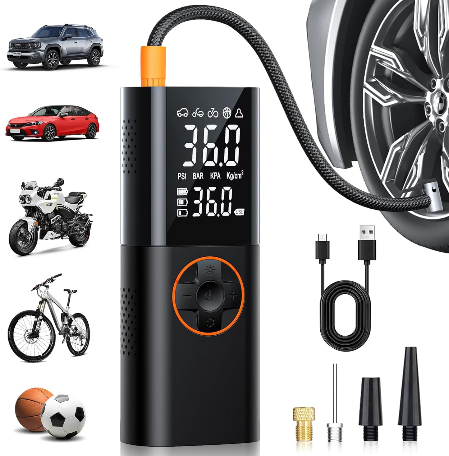 Tire Inflator Portable Air Compressor - 150PSI Fast Cordless Air Pump for Car Tires, Rechargeable Bike Tire Pump with Digital Pressure Gauge, LED Light for Cars, Bicycles, Balls and More