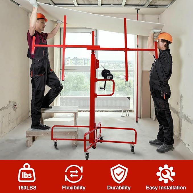 16FT Drywall Lift Sheetrock Lift, 150LBS Drywall Lift Panel Hoist with 4 Lockable Wheels for Ceiling, Drywall Rolling Lifter Panel, Drywall Jack Lift for Home & Commercial Use, Red