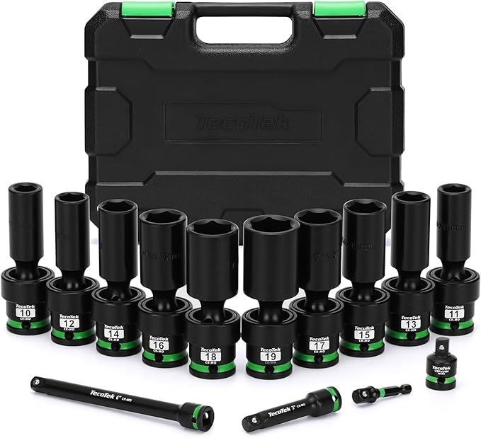 14 PCS 3/8" Drive Deep Universal Impact Socket Set, Swivel Socket Set, 10-19mm, Metric Socket Set with Flexible Wobble, Cr-Mo Steel, Includes Extension Bars and Adapter