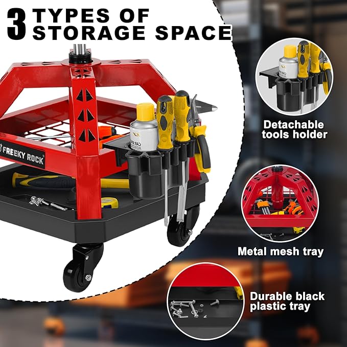 Rolling Shop Stool with Wheels, Heavy Duty Garage Work Mechanic Stool, Adjustable Height 22.44"-28.94", 360°Swivel Rolling Chair with Tool Tray Storage, 330 LBS Capacity, Red