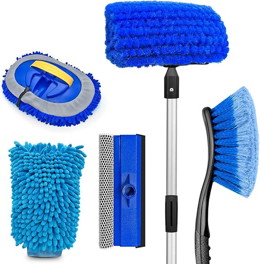 65'' Five-Sided Car Wash Brush with Long Handle, Scratch-Free Car Cleaning Kit with Soft Wash Brush, Tire Brush, Window Squeegee, Car Wash Mitt, Microfiber Cleaning Head & Extension Pole