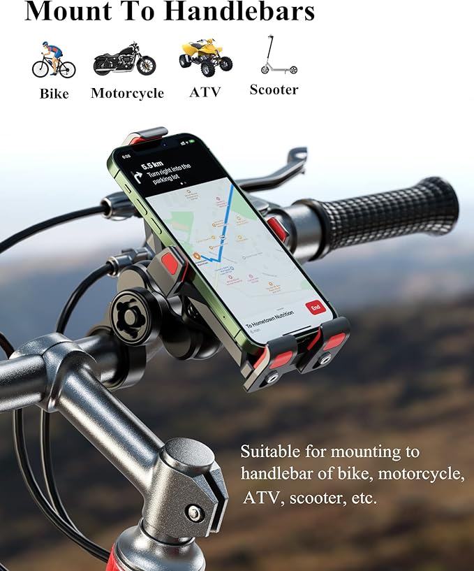 BRCOVAN Anti-Theft Aluminum Alloy Motorcycle Phone Mount with Vibration Dampener & High-Speed Secure Lock, Adjustable Bike Handlebar Cellphone Holder for Bicycle Scooter ATV, Fit 4.7-7.2'' Smartphone