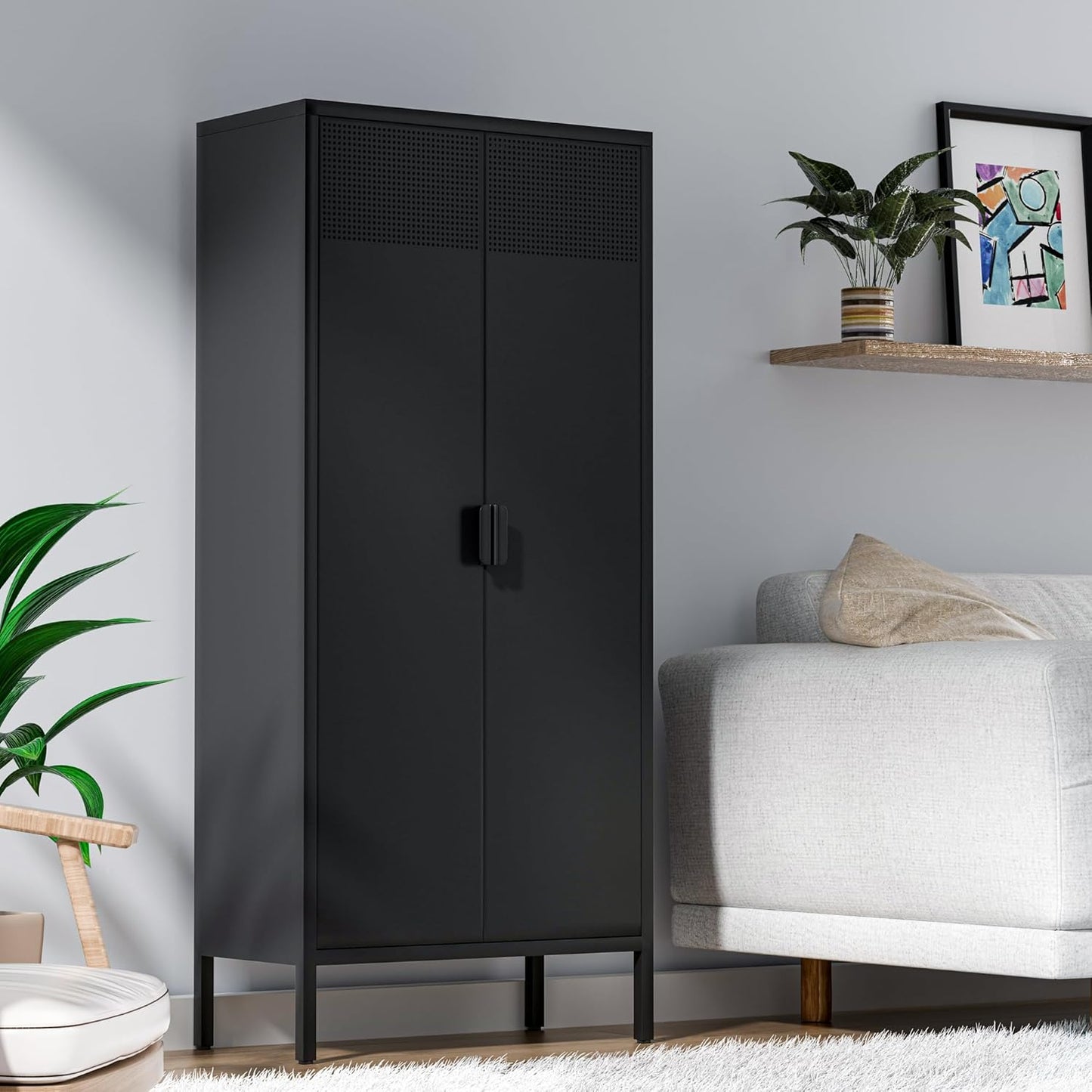 Metal Storage Cabinets with Adjustable Shelves，Pantry Kitchen Storage Cabinets，Floor Storage Cabinet for Kitchen, Laundry Room, Home Office, Kids Room (Black, 61''H)