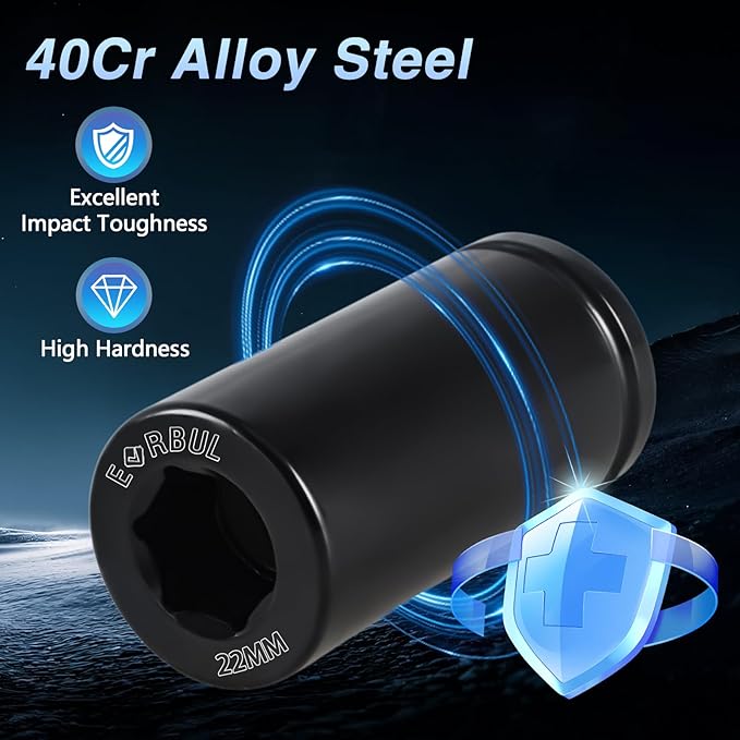 22mm Harmonic Balancer Socket 1/2" Drive Metric 6 Point Impact Socket Heavy-Duty Deep Well Crank Bolt Wrench Crank Bolt Removal Tool Compatible with BMW Dodge Ford Jeep Kia Lexus Toyota Engines