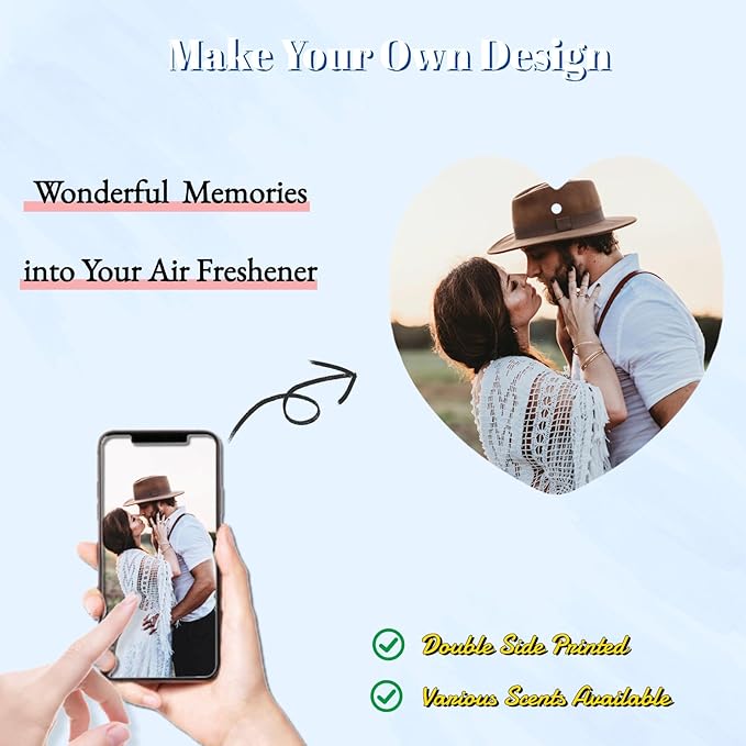 Custom Air Freshener for Car with Photo Text Picture Both Sides, Personalized Gift for Valentine’s Day Birthday- Ideal for Car Wardrobe Bathroom Hanging Ornaments (Heart)