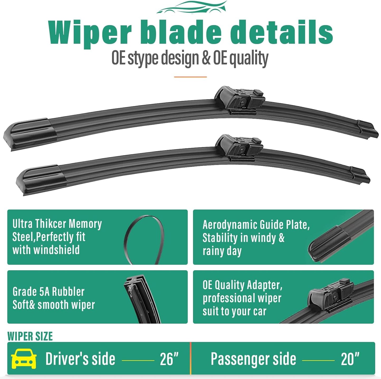 26" 20" 14" Windshield Wiper Blades Replacement for Volvo XC60 2012 2013 2014 2015 2016 2017 Premium All Weather Front Rear Wipers Set - OEM Quality (Pack of 3)