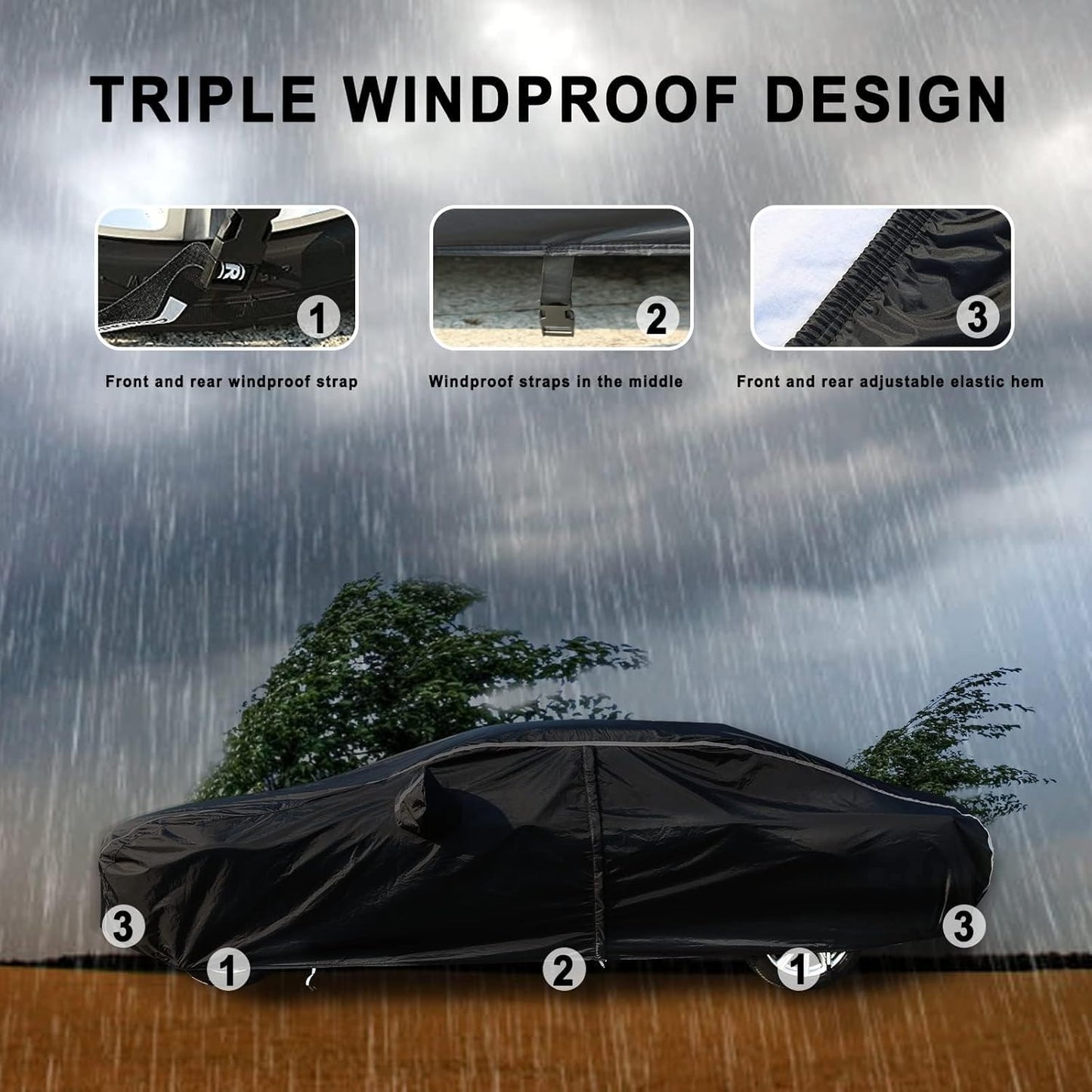 Tecoom Car Cover Waterproof All Weather, Car Covers for Automobiles with Zipper Door, Cotton Backing Car Cover, Windproof Sun UV Hail Protector Car Cover, Universal Fit for Sedan (201"-210")