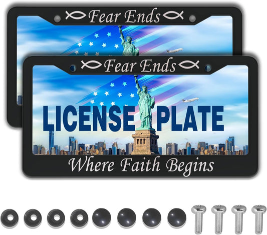 License Plate Frames Black and White Car Plate Frame Fear Ends When Faith Begins Aluminum Metal Car Accessory 2 Pack with Screw Covers Set