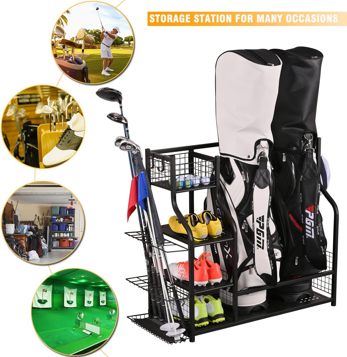 SNAIL Golf Bag Garage Storage Organizer Extra Large Size Golf Bag Rack Stand Holder Fits 2 Golf Bags and Other Golfing Equipment Accessories, Metal Black Golf Club Storage for Garage Shed and Basement