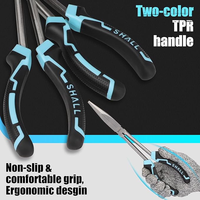 SHALL 3 PCS Long Needle Nose Pliers Set, 11" Long Nose Plier, 90° & 45° Bent Nose Pliers, Roll Up Storage Pouch Included, Two-Color TPR Handle, for Car Repair/House Work