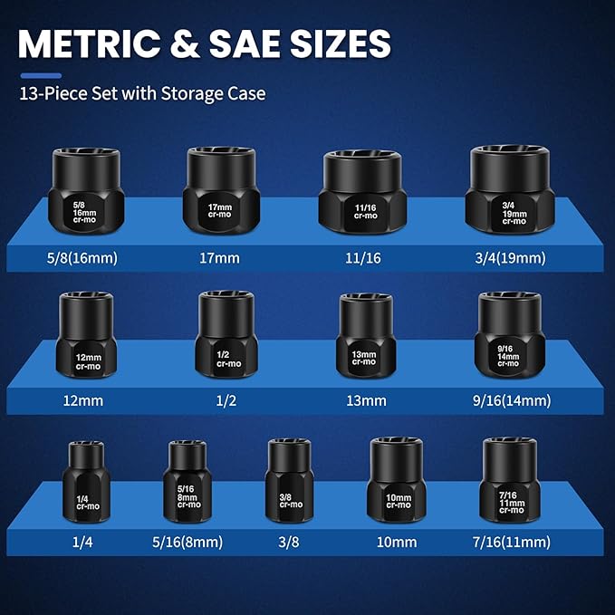 13-Piece Bolt Extractor Kit, Extractor Set for Stripped/Lug Nut Removal, 3/8" Drive Screw Extractor Socket Set, SAE & Metric