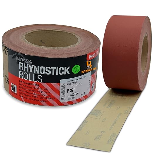Indasa 2.75" PSA Sandpaper Roll - 27 Yard Rhynostick Long 320-Grit Continuous Roll, Self-Adhesive Stickyback Sand Paper for Woodworking, Automotive, Metal (Aluminum Oxide Plus Lubricant)