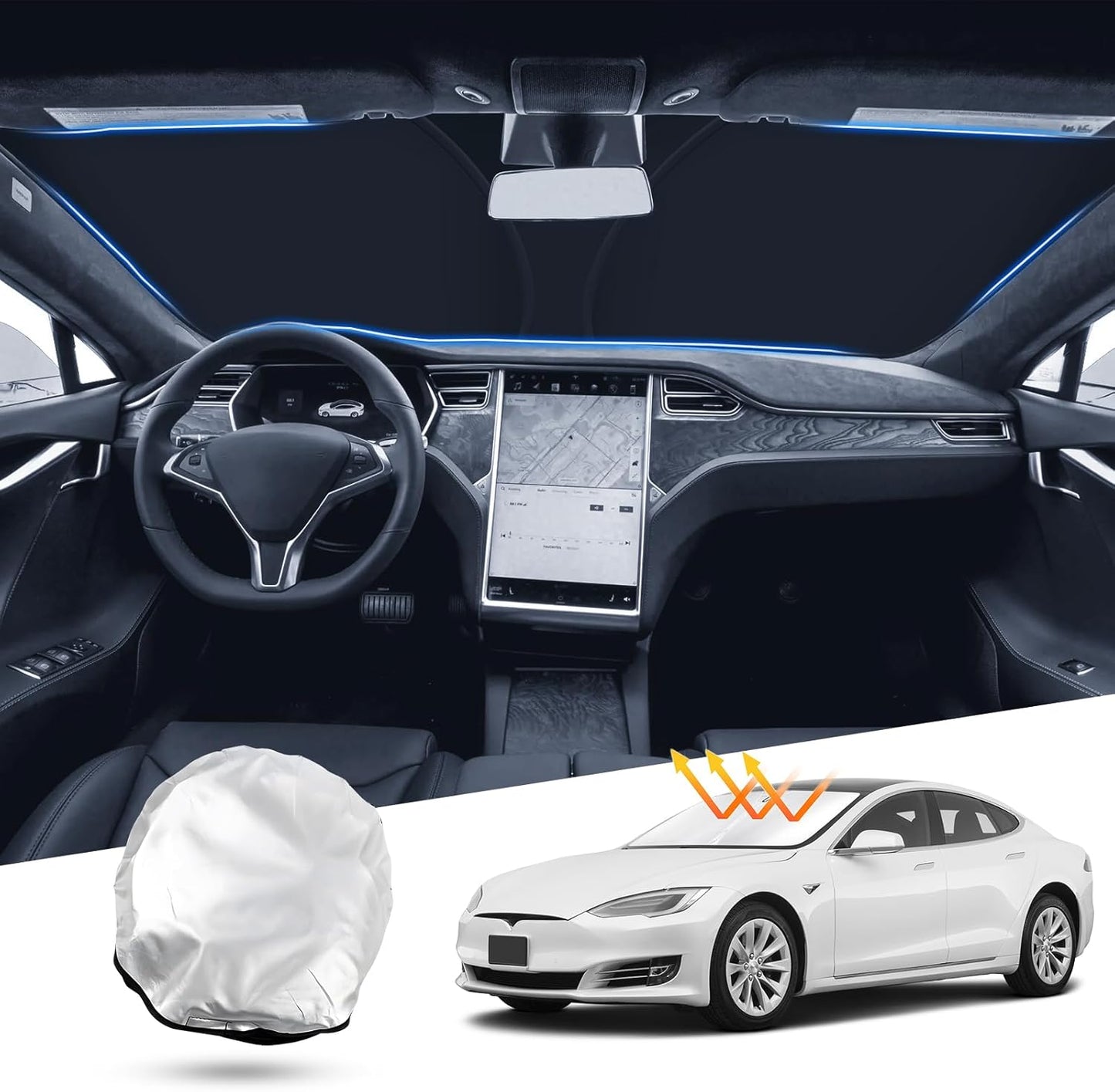 T TGBROS Windshield Sun Shade Custom Fit for 2012-2023 2024 2025 Tesla Model S Accessories Foldable Sun Shield Reflective Polyester Sun Visor Cover Block Heat and Sun Protection